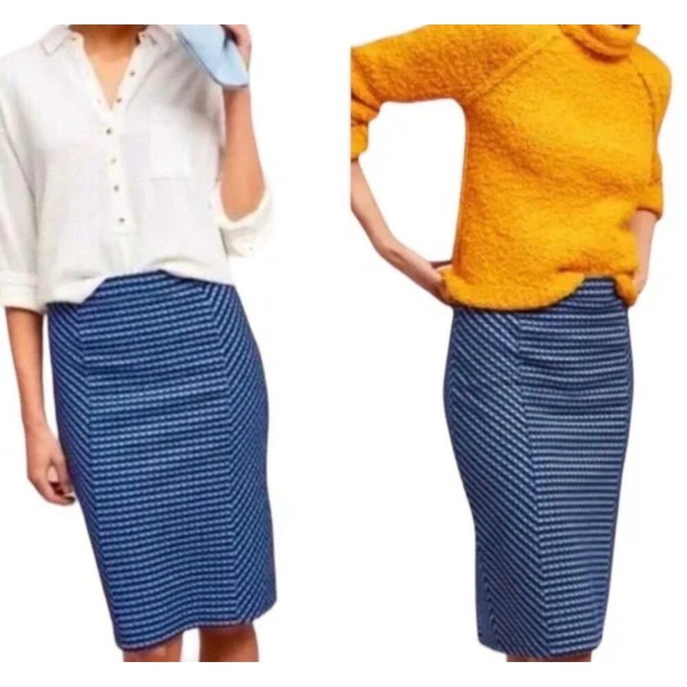 Maeve Anthropologie‎ Blue Black Textured Geometric Midi Pencil Skirt XS